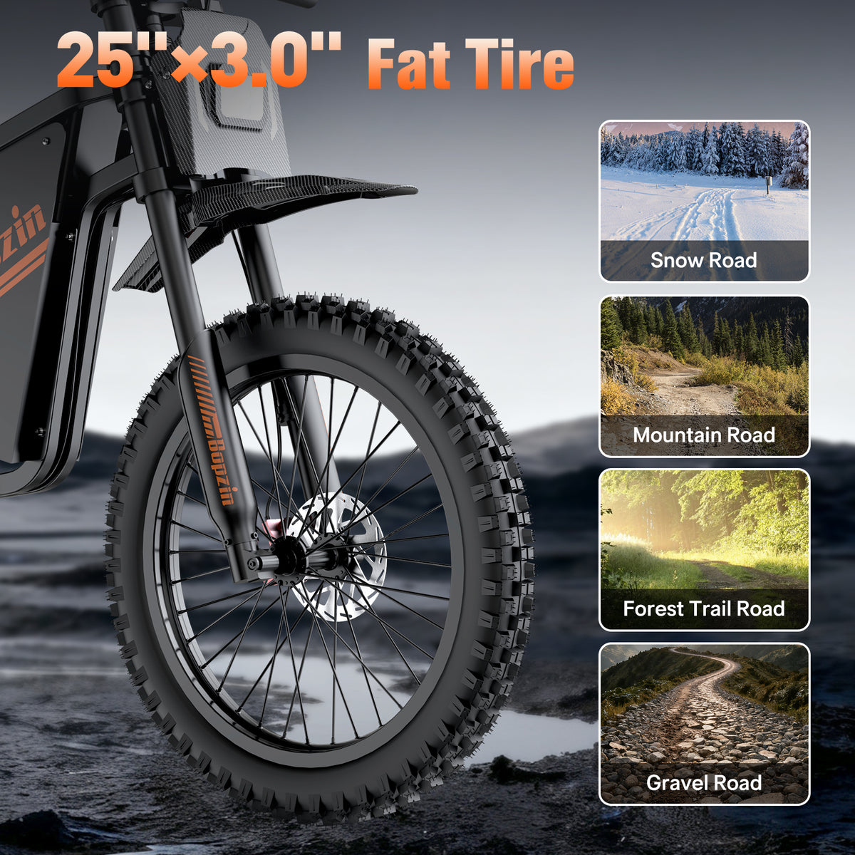 BOPZIN Q8 25" Off-Road E-Bike 3000W Motor 60V 35Ah Battery