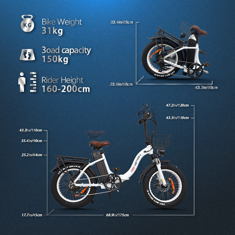 DRVETION CT20 20" Fat Tires Folding Electric Bike 750W Motor 48V 10Ah/15Ah/20Ah Battery(Disc Brake)