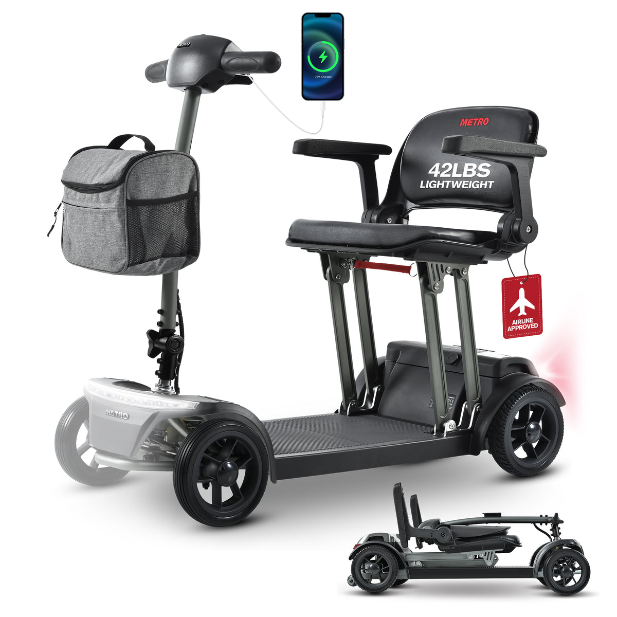 METRO MOBILITY AIR TRAVELLER 8" 4 Wheel Mobility Scooter 180W Motor 24V 12Ah Battery