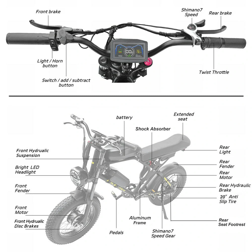 POLEEJIEK RT001 20" Retro Fat Tire Mountain Electric Bike 3000W Dual Motors 48V 25.6Ah Battery