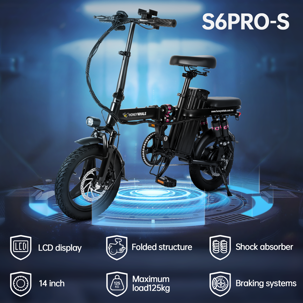 HONEYWHALE S6 Pro 14" Folding Electric Bike 350W Brushless Motor 48V 15Ah Battery