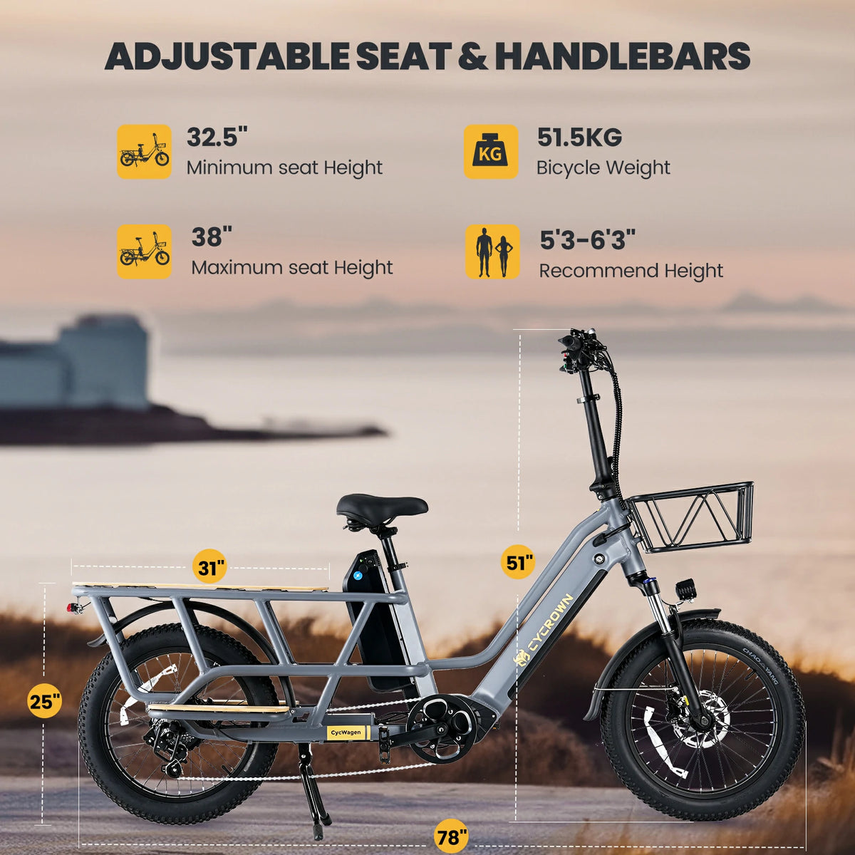 CYCROWN Wagen 20" Step-Thru Fat Tire Longtail Cargo Electric Bike 1000W Motor 48V 15.6Ah+10.4Ah Dual Batteries