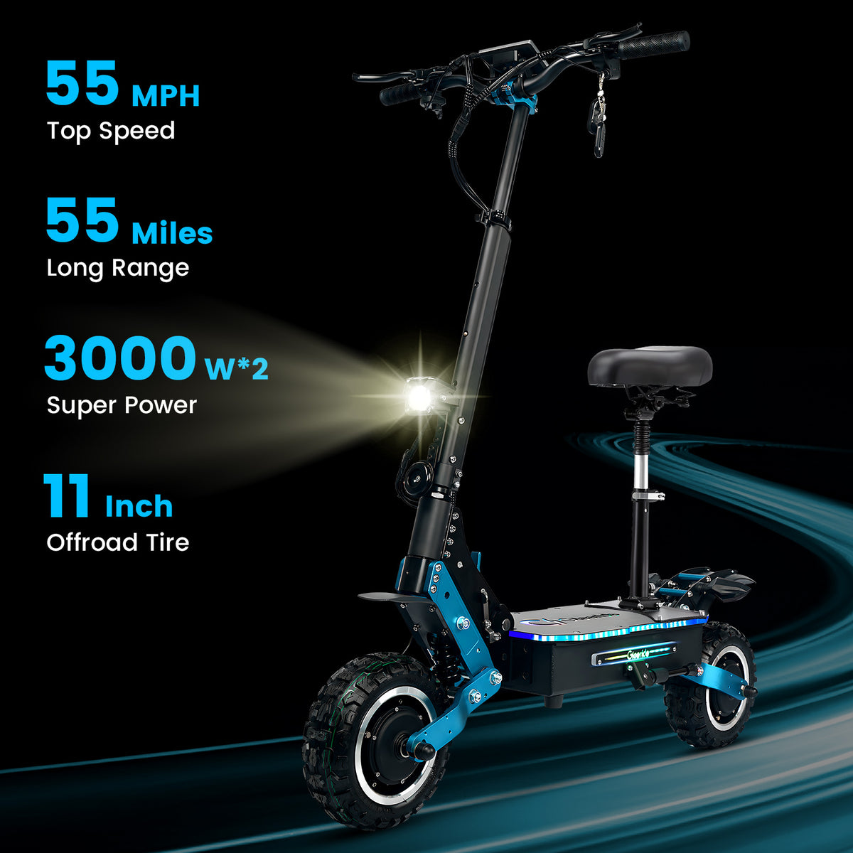 GLEERIDE H5 11" Off-Road Electric Scooter 3000W*2 Dual Motor 60V 30Ah LG Battery