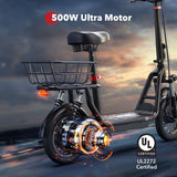 ISCOOTER I12 12" Commuter Electric Scooter With Seat & Carry Basket 500W Motor 36V 7.5Ah Battery