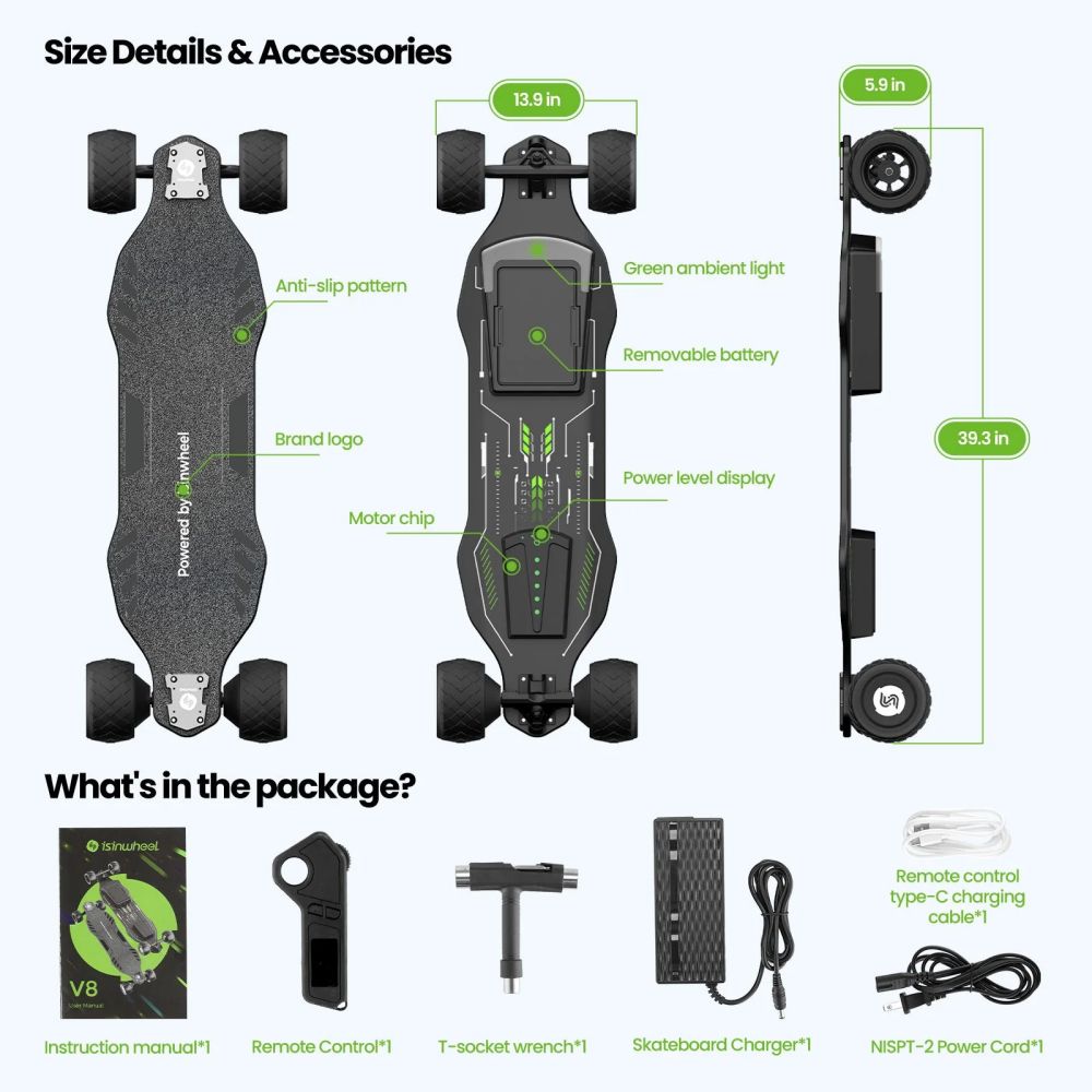 ISINWHEEL V8 Electric Skateboard 600W*2 Motor 37V 5Ah Battery