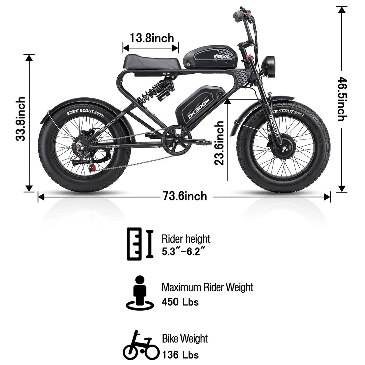 MEELOD DK300 MAX 20" Retro Moped Style Electric Bike 2400W Peak Dual Motors 48V 20Ah Dual Batteries