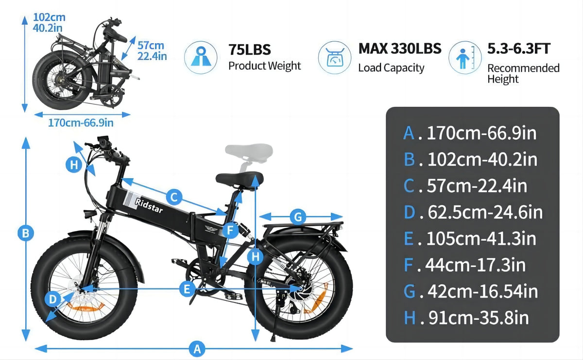 RIDSATR H20 20" Foldble Electric Bike 1000W Motor 48V 15Ah Battery