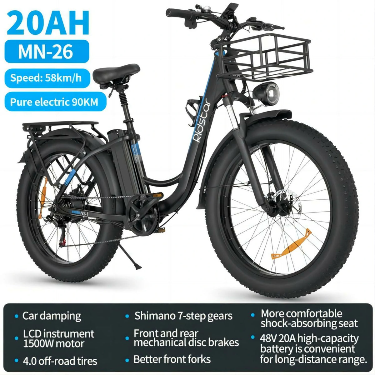 RIDSTAR MN26 26" Fat Tires Electric City Bike 1500W Motor 48V 20Ah Battery